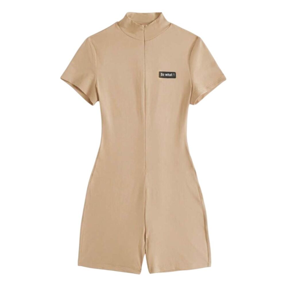 Letter Patched Zip Up Unitard Romper in Beige, Size XS